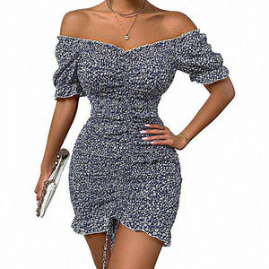 Women's Royal Blue White Floral Summer‎ Off Shoulder Bodycon Smocked Dresses
